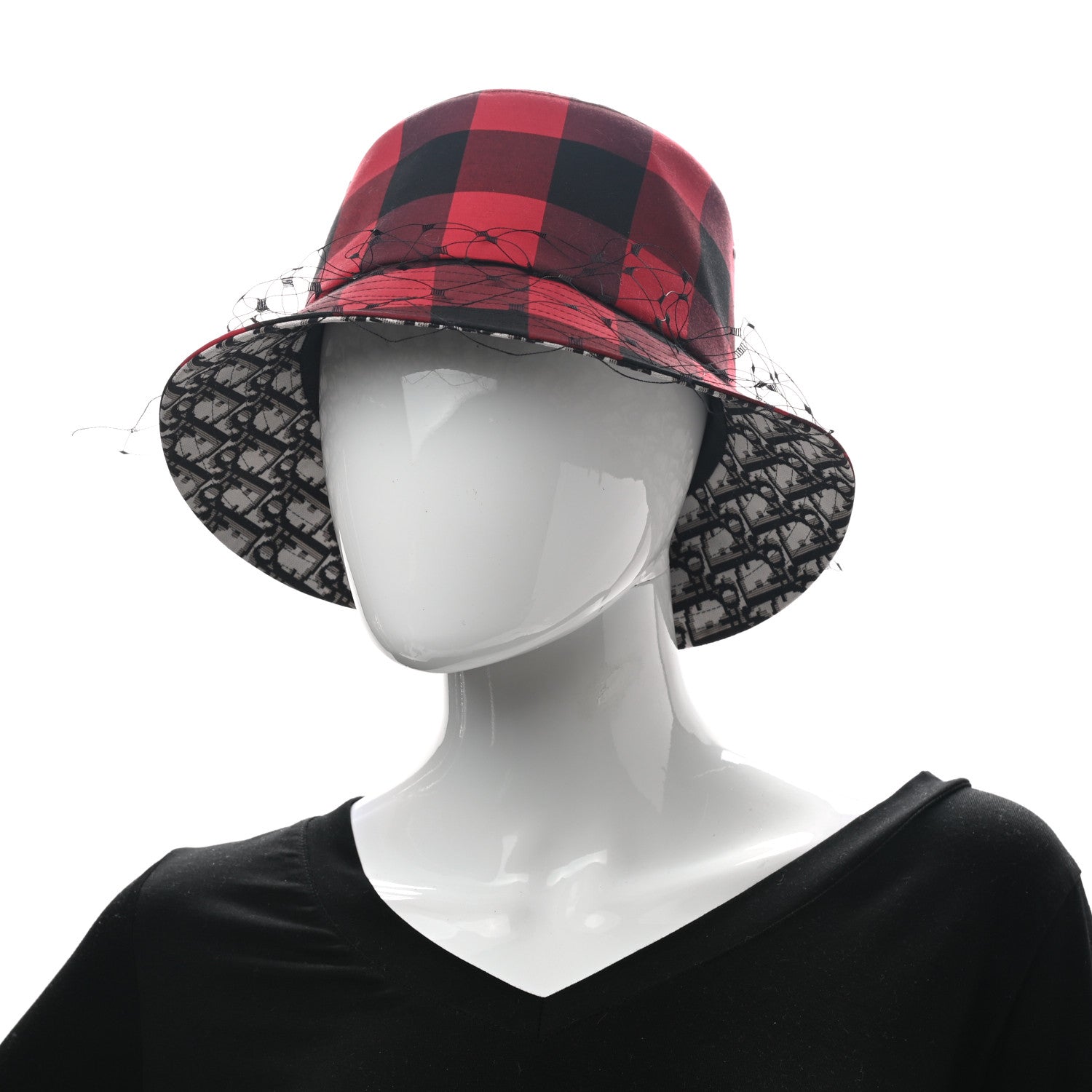 Christian Dior Cotton Large Brim Bucket Hat with Veil 57 Black Red 2 of 8