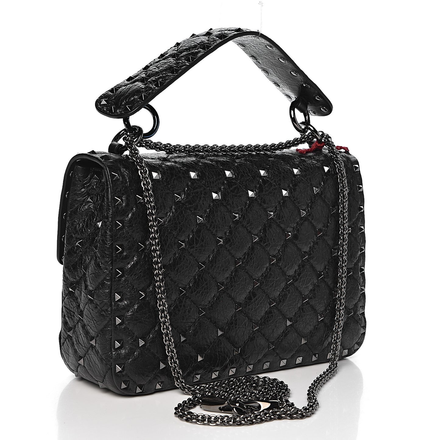 Craquele Nappa Medium Rockstud Spike Shoulder Bag Black