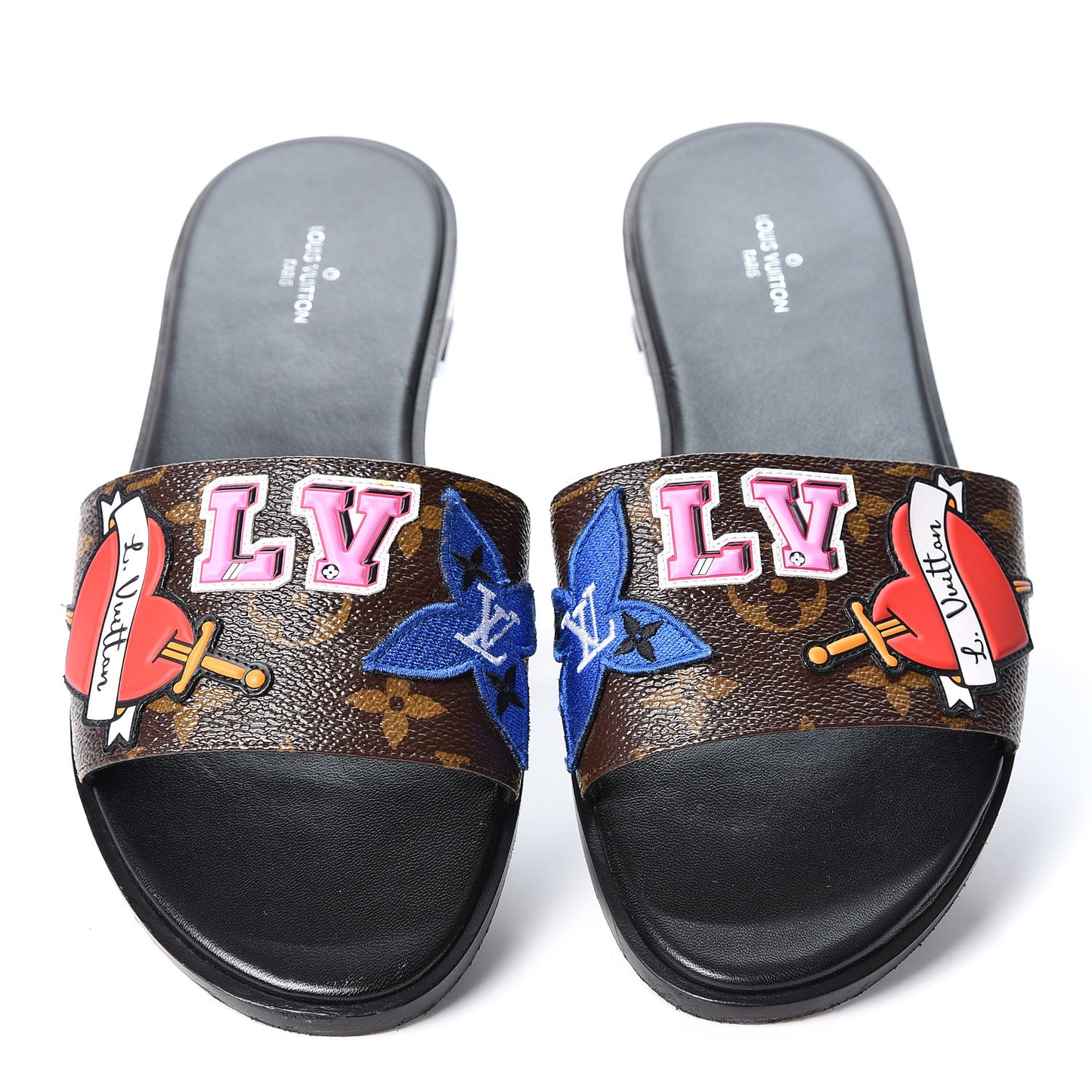 Patent Calfskin Monogram LV Black Heart Flat Mules 38 Cacao