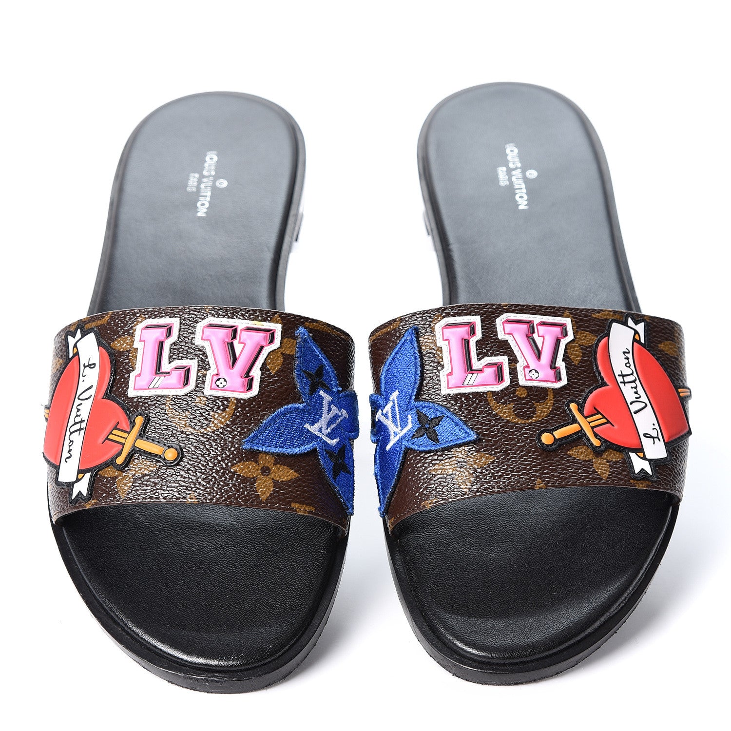 Louis Vuitton Patent Calfskin Monogram LV Black Heart Flat Mules 38 Cacao 6 of 10