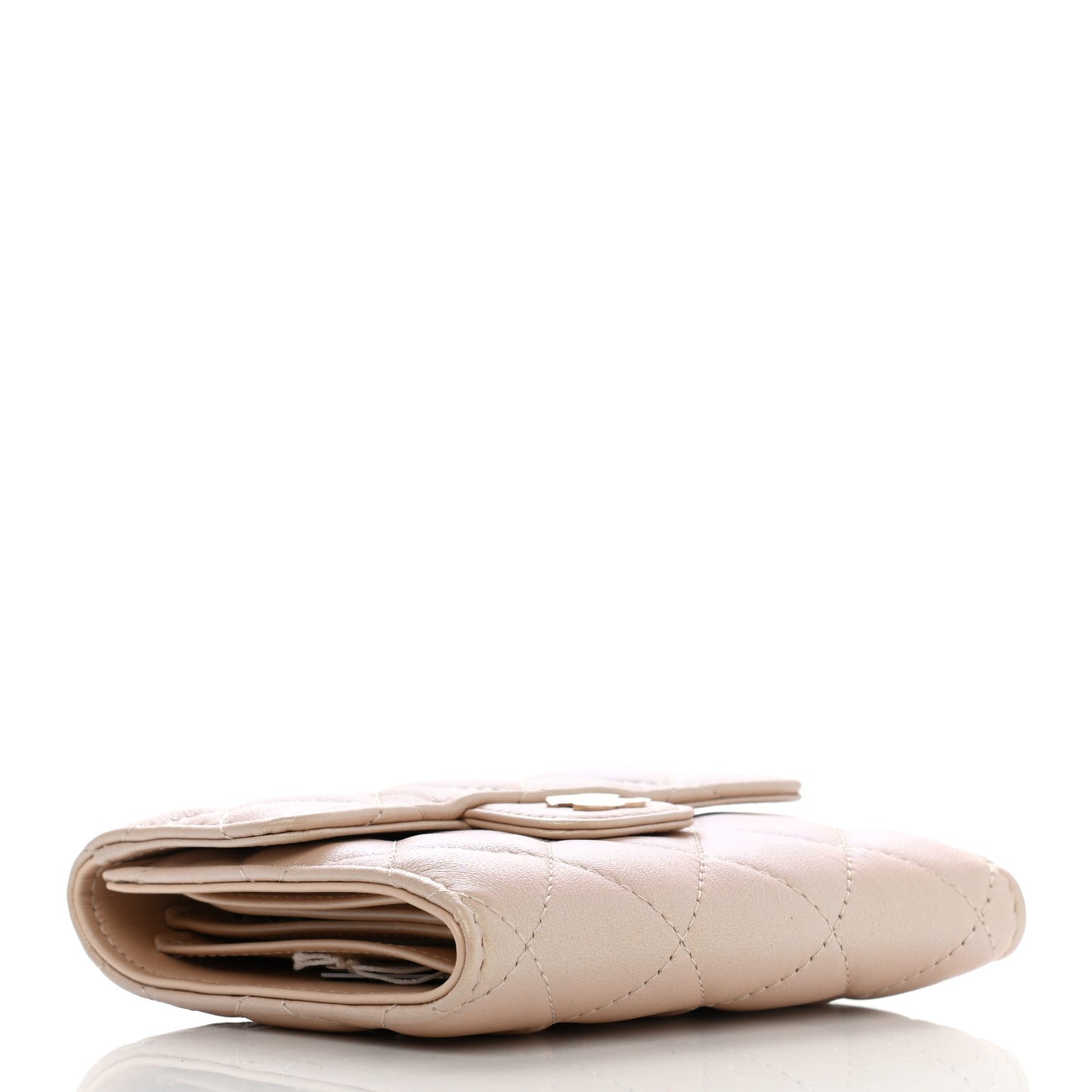 Iridescent Calfskin Quilted Compact Flap Wallet Beige