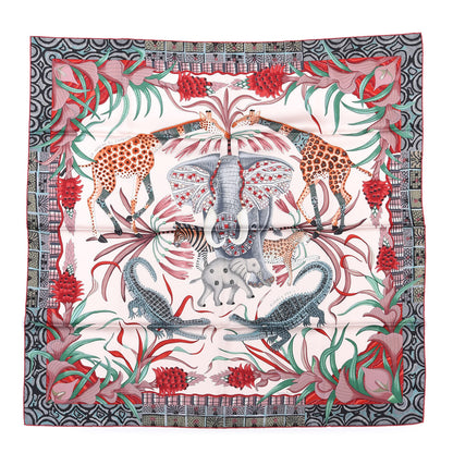 Hermes Silk La Marche Du Zambeze Scarf 90 Rose Pale Rouge Vert 1 of 6