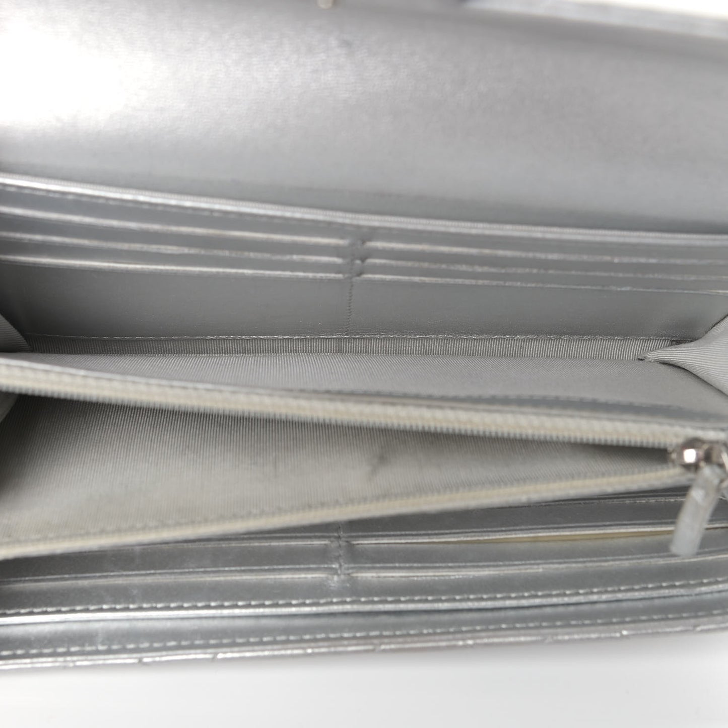 Metallic Lambskin Quilted Long Flap Wallet Silver