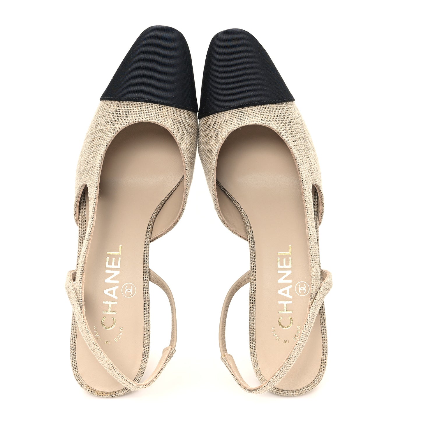 Fabric Grosgrain Cap Toe CC Slingback Pumps 37 Dark Beige Black