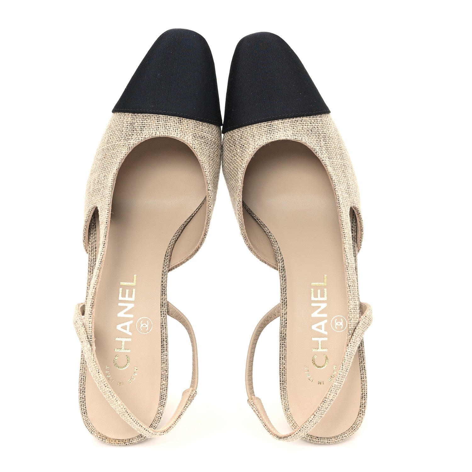 Chanel Fabric Grosgrain Cap Toe CC Slingback Pumps 37 Dark Beige Black 2 of 8