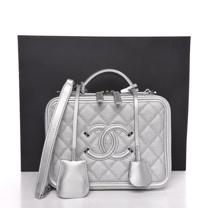 Chanel Metallic Caviar Quilted Medium CC Filigree Vanity Case Silver 8 of 8