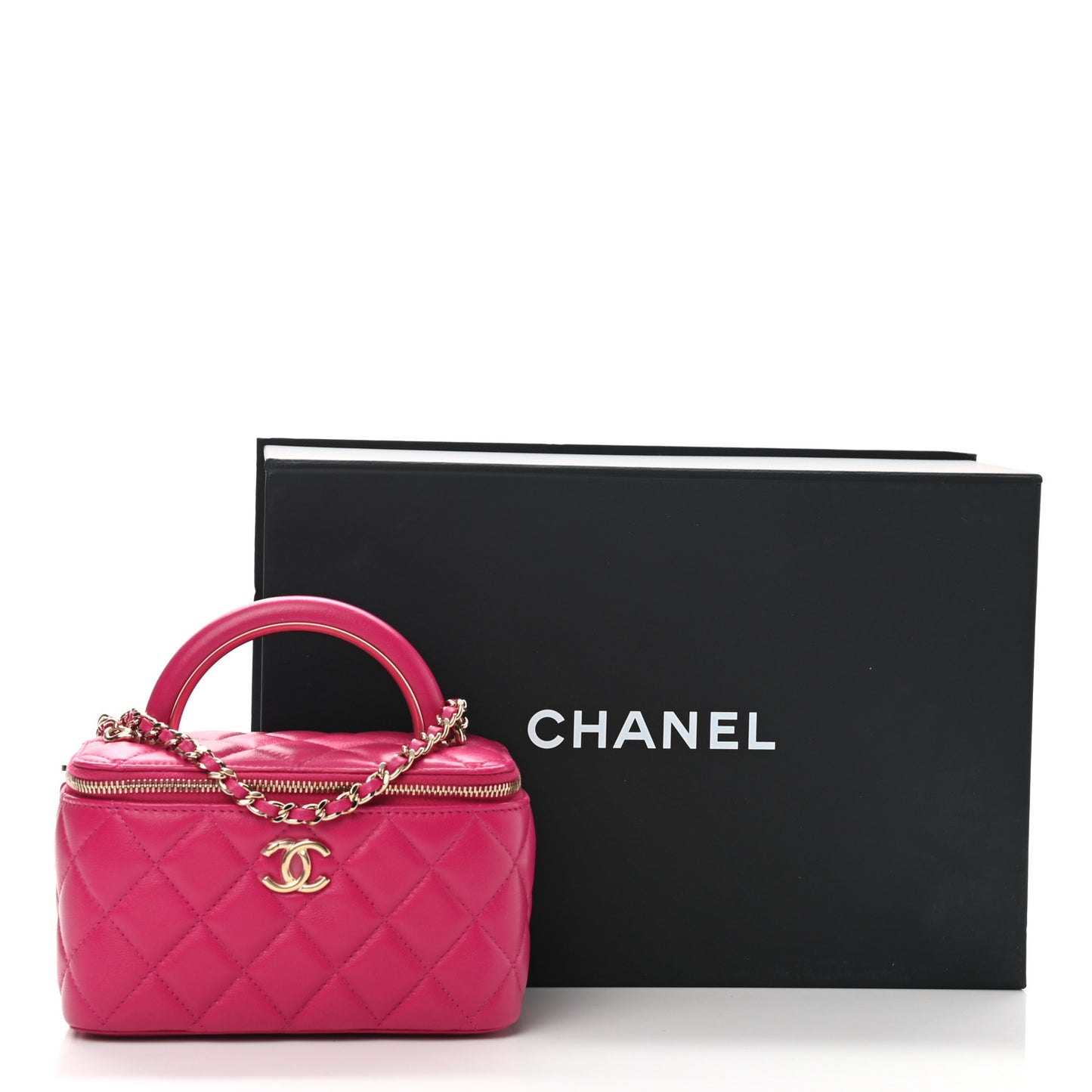 Lambskin Quilted Small Top Handle Vanity Case With Chain Dark Pink