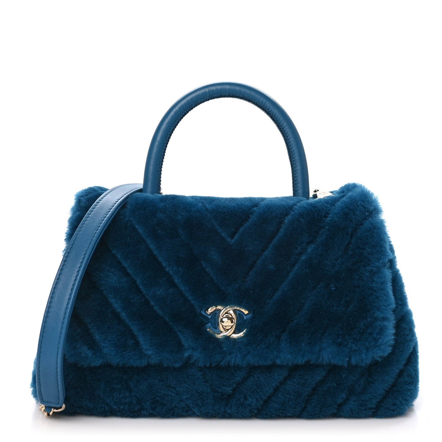 Shearling Lambskin Chevron Quilted Mini Coco Handle Flap Turquoise