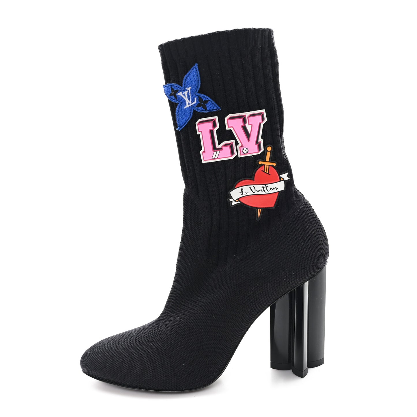Stretch Fabric LV Black Heart Sock Ankle Boots 38 Black