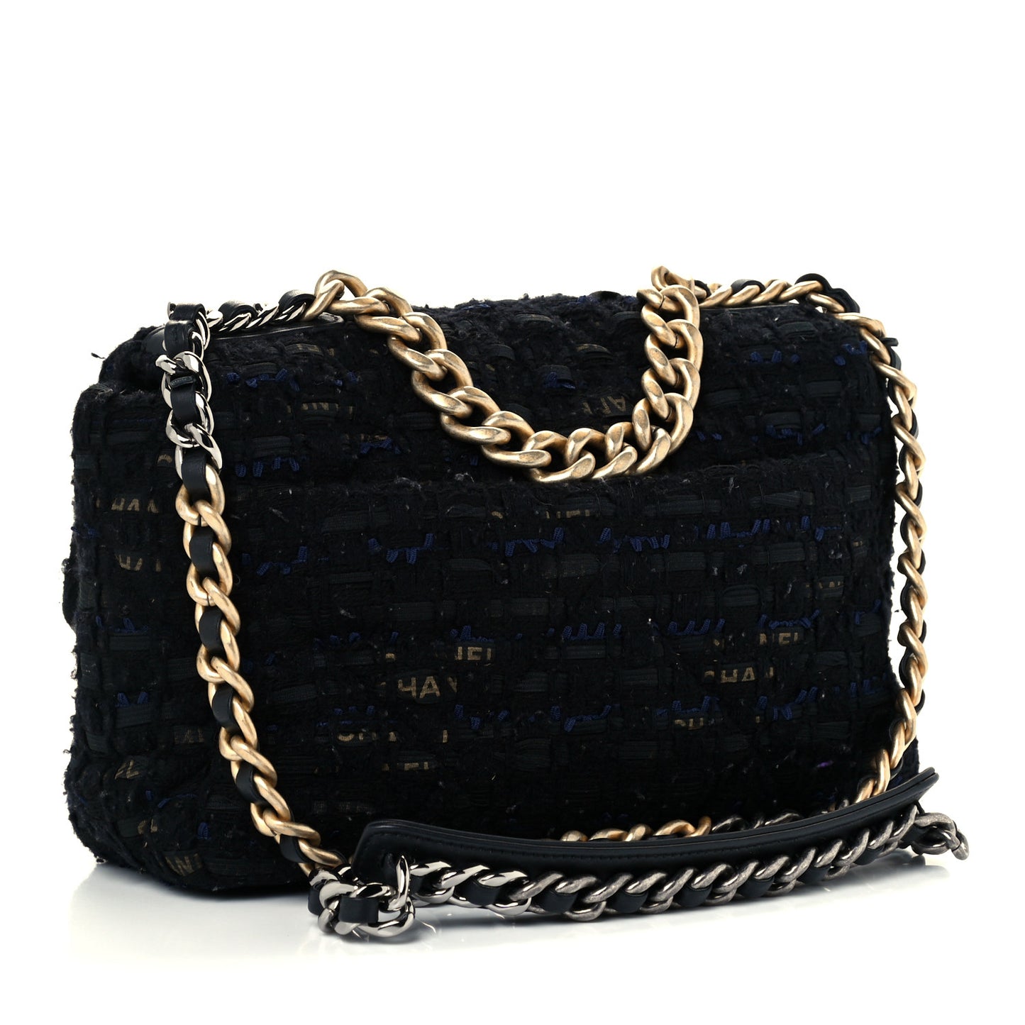 Tweed Quilted Medium Chanel 19 Flap Black Navy Gold