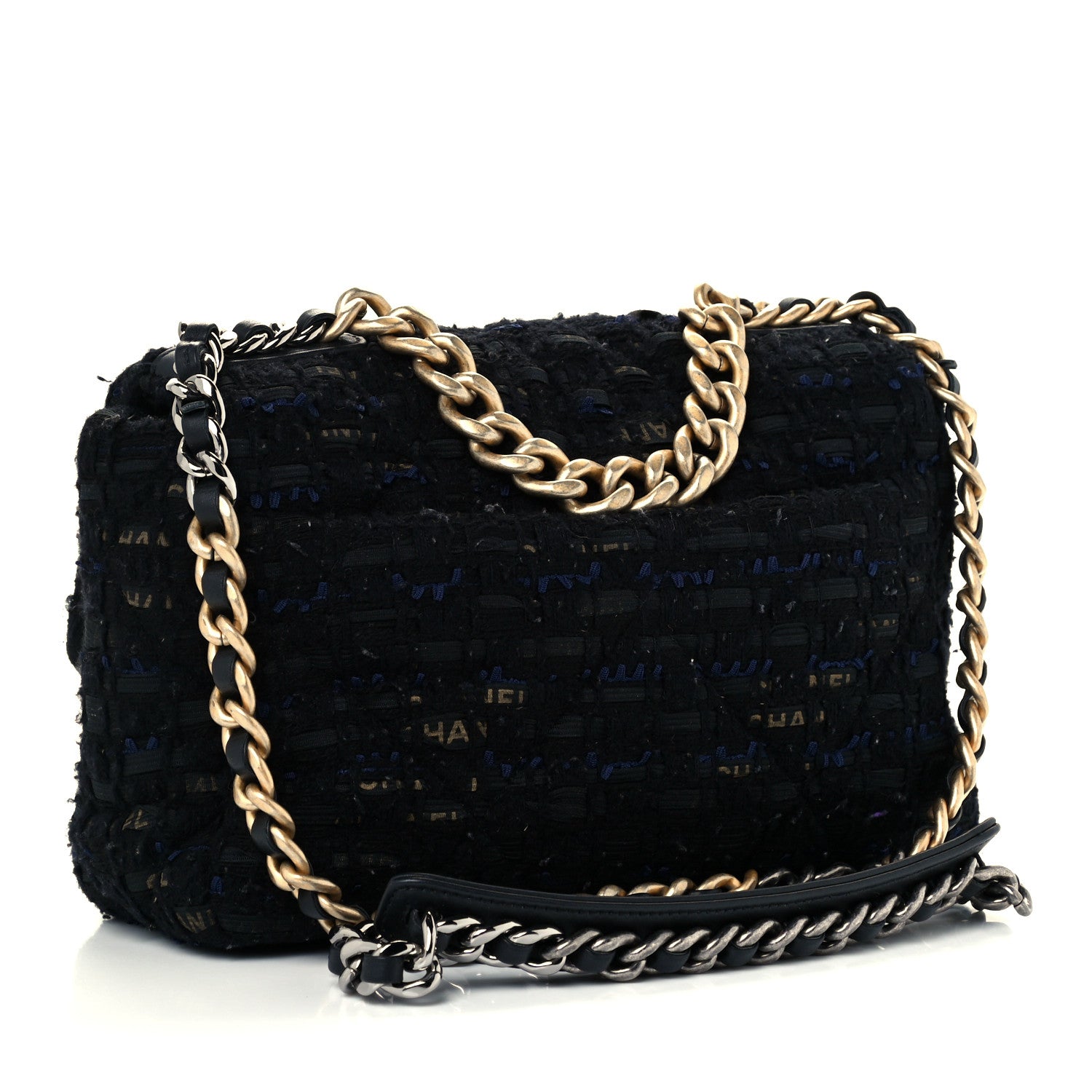 Chanel Tweed Quilted Medium Chanel 19 Flap Black Navy Gold 3 of 12