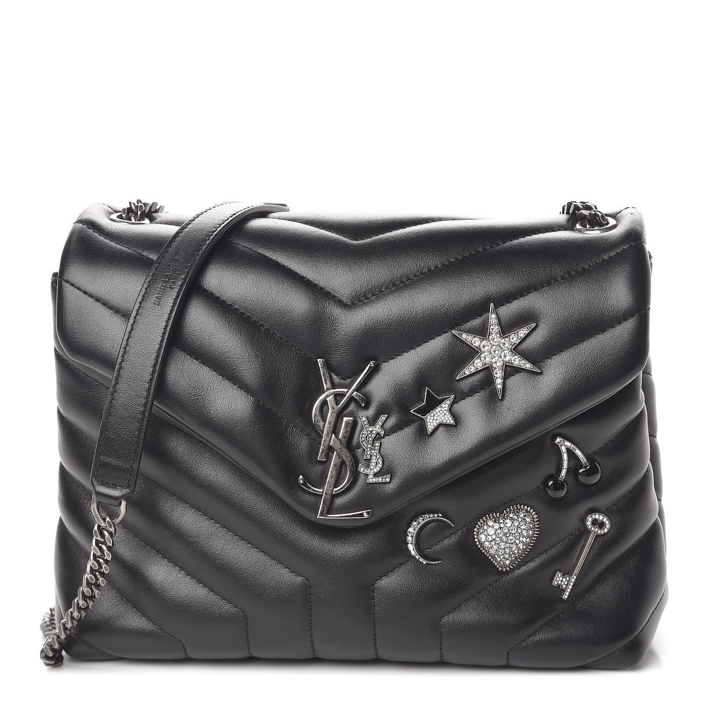 Calfskin Y Quilted Monogram Small Charm Loulou Chain Satchel Black