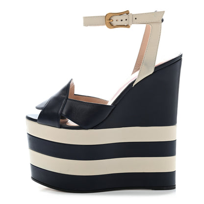Gucci Nappa Striped Sally Platform Wedge Sandals 37 Navy Ivory 1 of 17