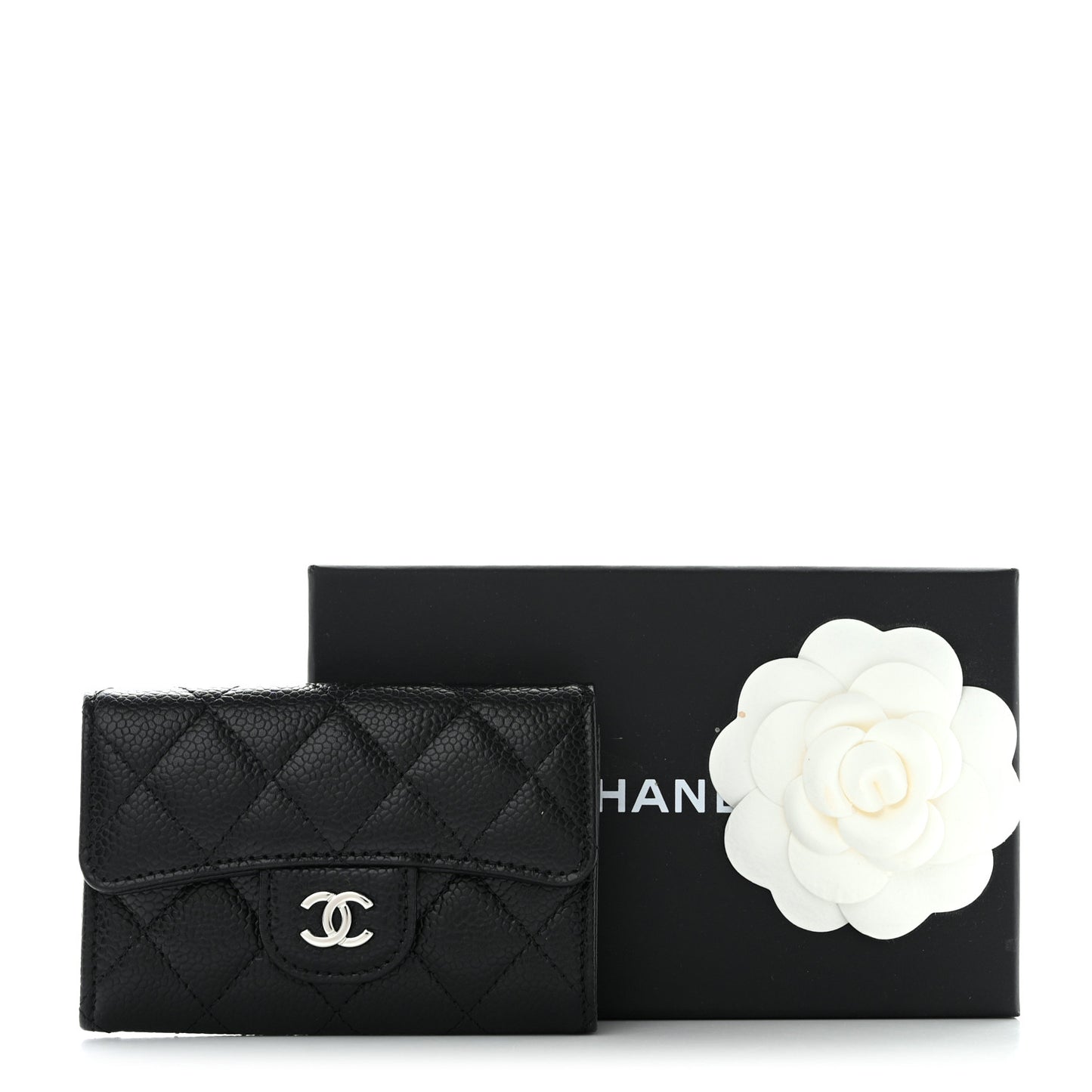 Caviar Quilted Flap Card Holder Wallet Black