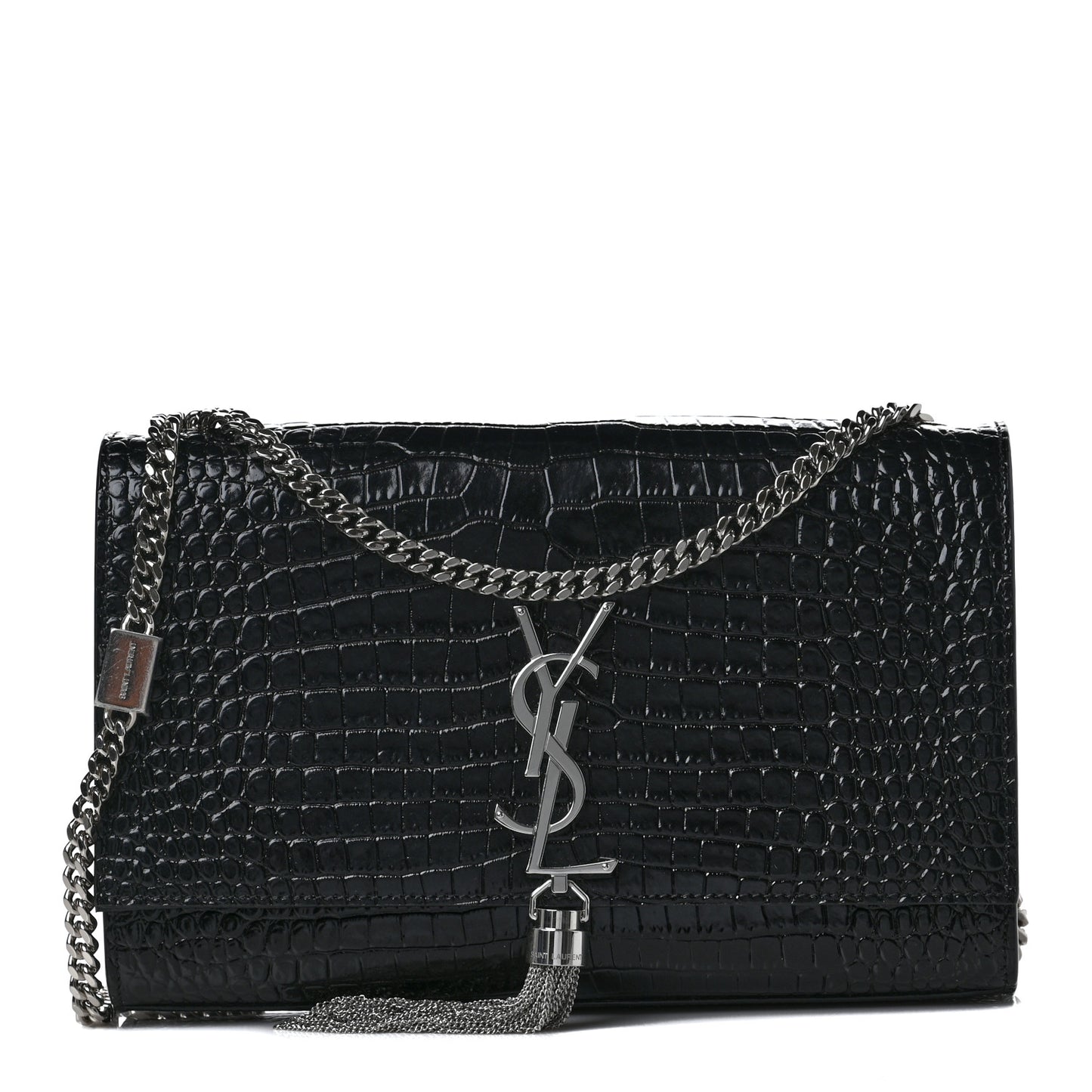 Calfskin Crocodile Embossed Medium Classic Monogram Kate Tassel Satchel Black