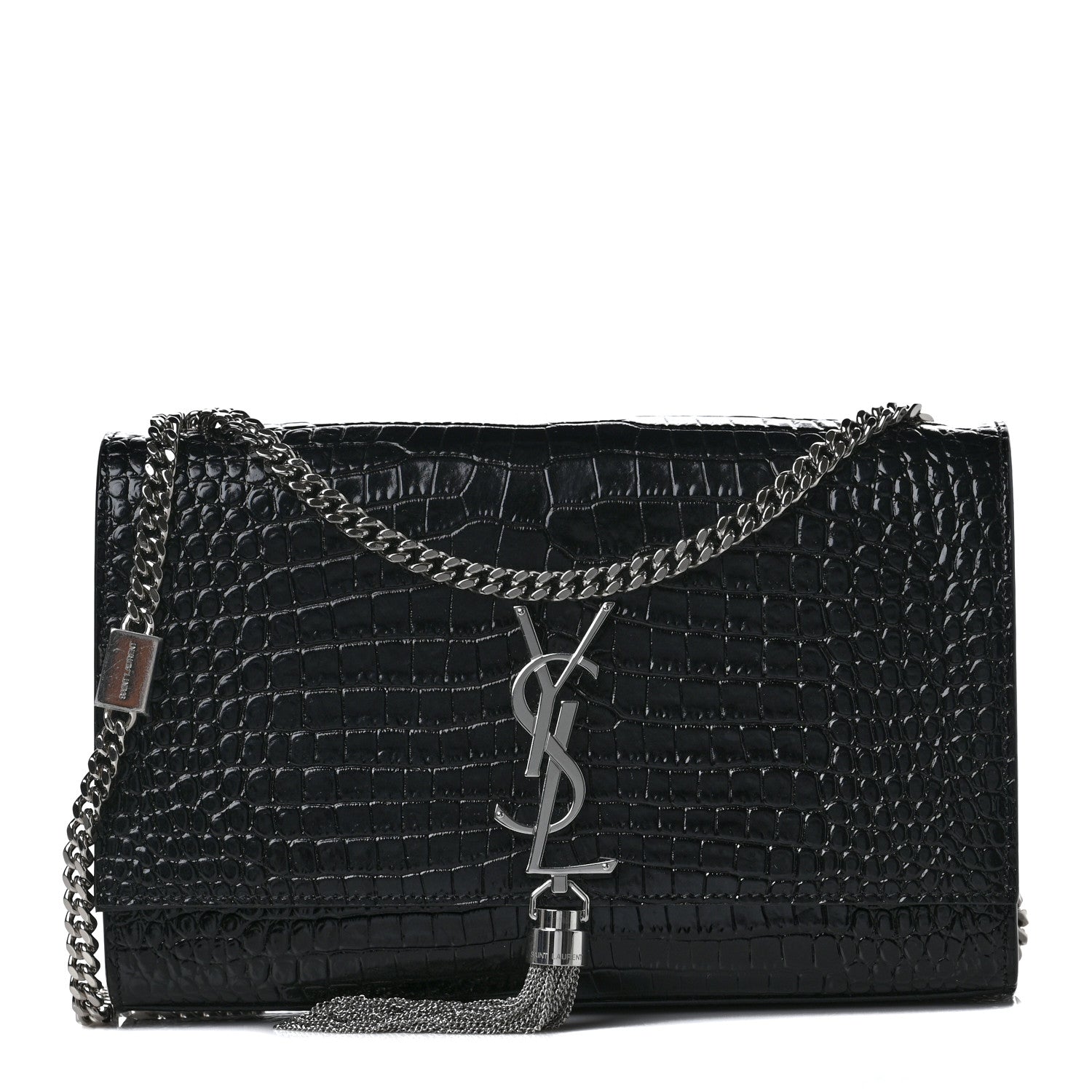 Saint Laurent Calfskin Crocodile Embossed Medium Classic Monogram Kate Tassel Satchel Black 1 of 8