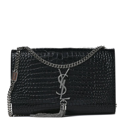Saint Laurent Calfskin Crocodile Embossed Medium Classic Monogram Kate Tassel Satchel Black 1 of 8