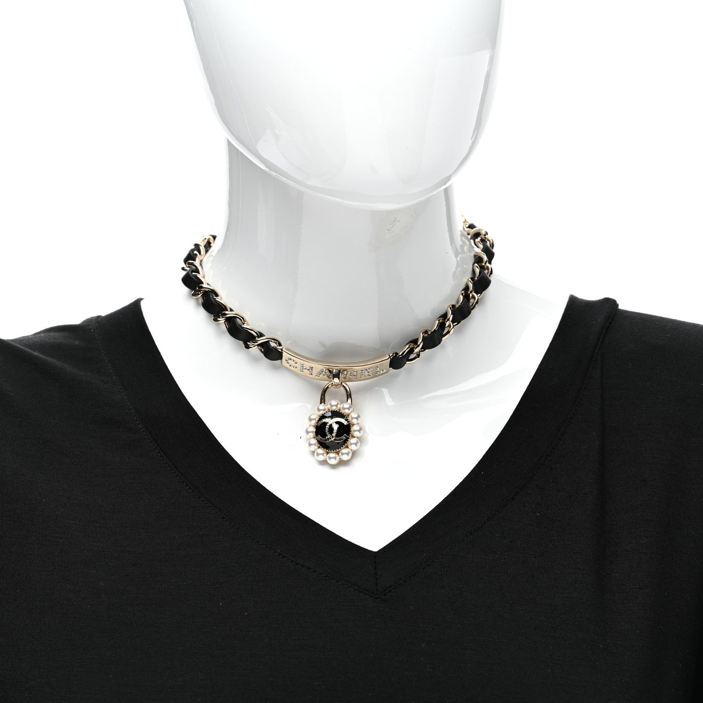 Pearl Crystal Lambskin CC Logo Choker Gold Black