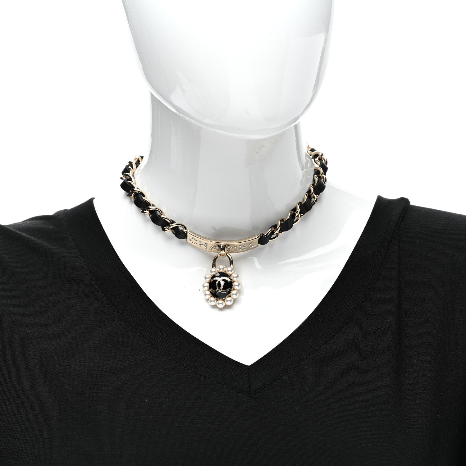 Chanel Pearl Crystal Lambskin CC Logo Choker Gold Black 2 of 5
