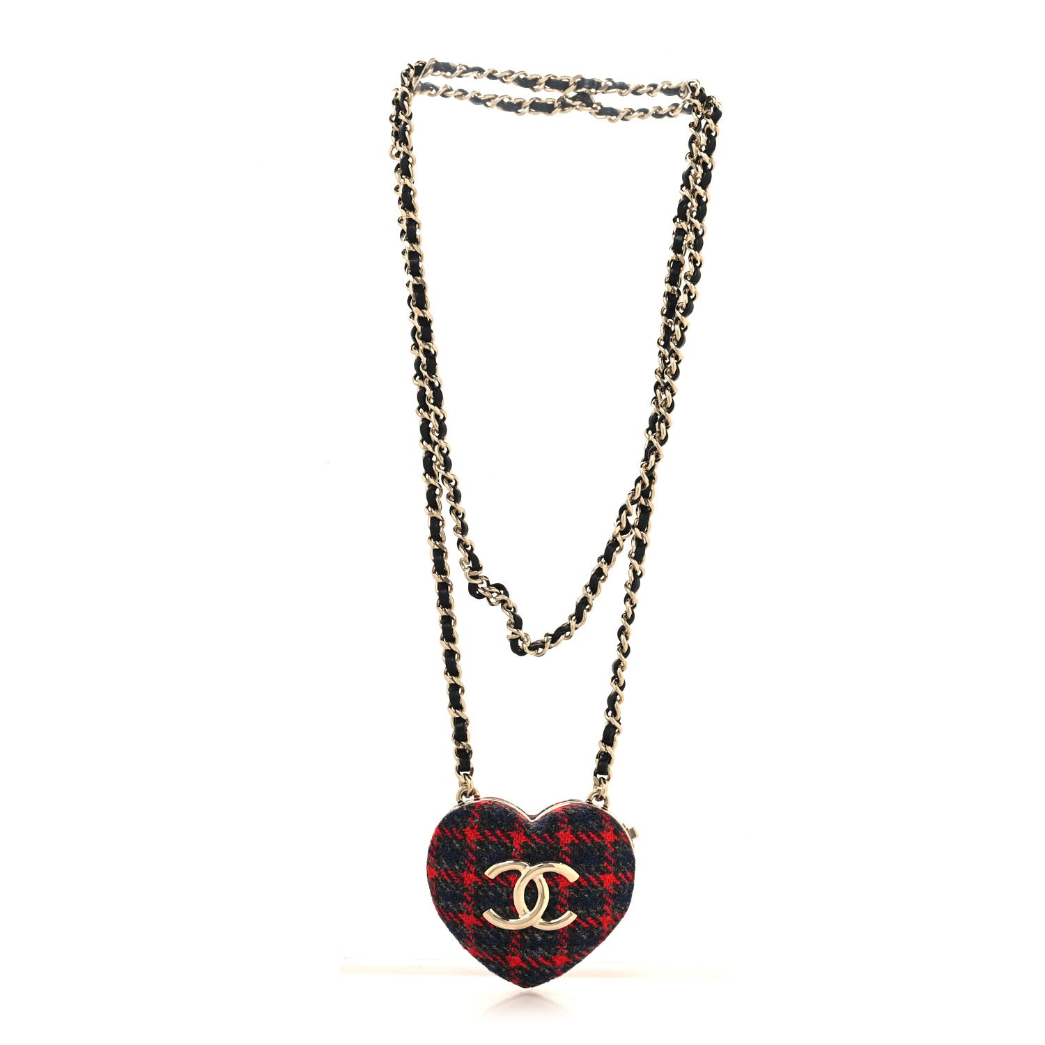 Chanel Tweed Lambskin CC Heart Mirror Locket Necklace Gold Grey Red Black 3 of 5