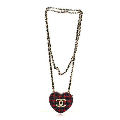 Chanel Tweed Lambskin CC Heart Mirror Locket Necklace Gold Grey Red Black 3 of 5