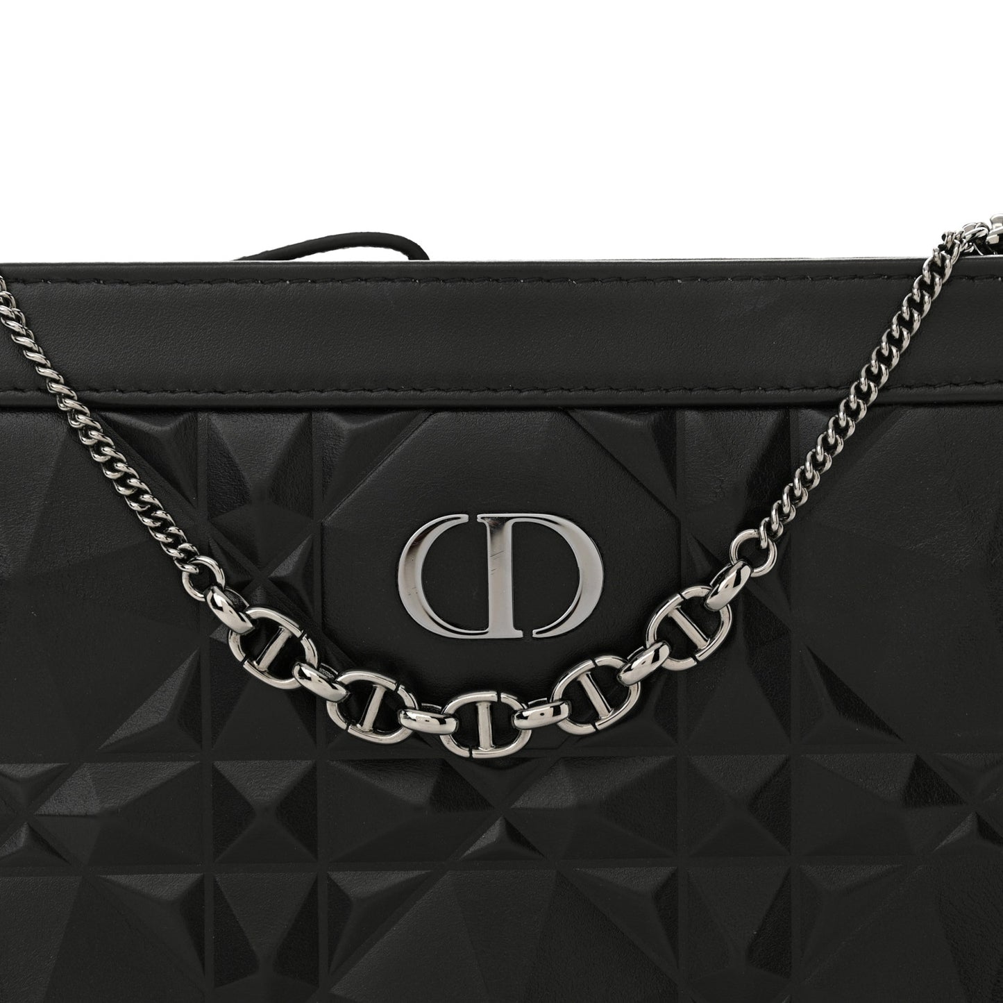 Calfskin Macrocannage Diamond Caro Zipped Pouch With Chain Black