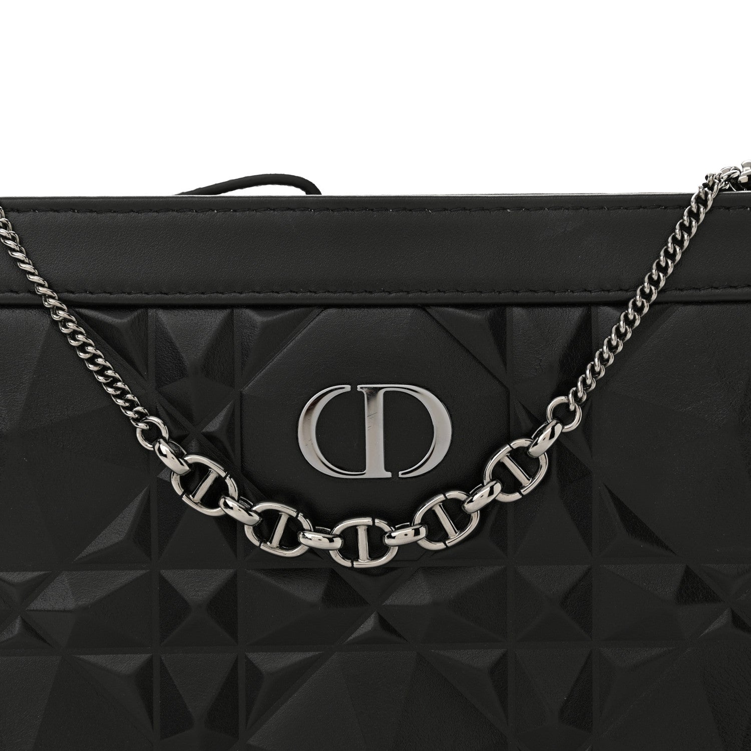 Christian Dior Calfskin Macrocannage Diamond Caro Zipped Pouch With Chain Black 8 of 13