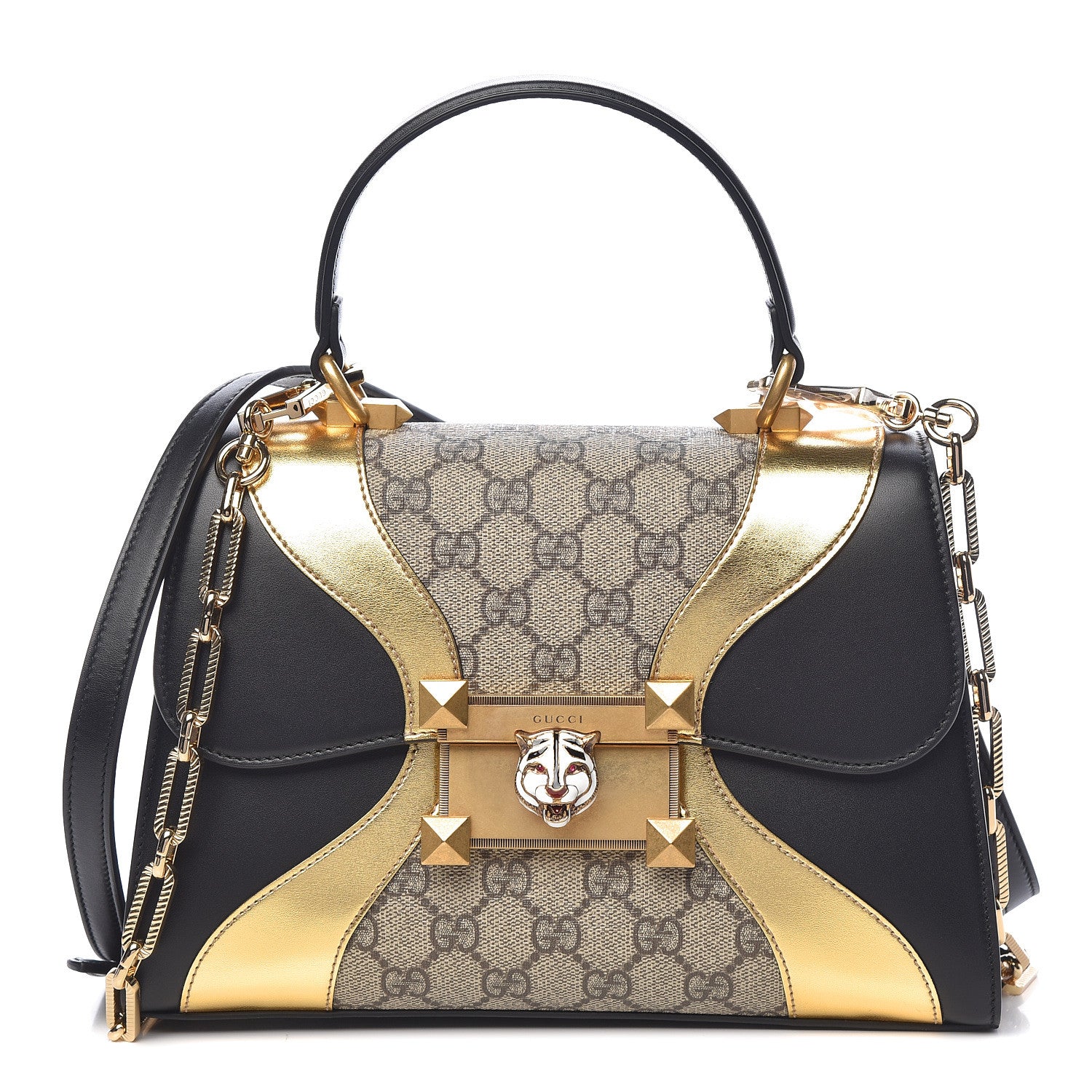 Gucci GG Supreme Monogram Small Osiride Top Handle Bag Black Gold 1 of 11