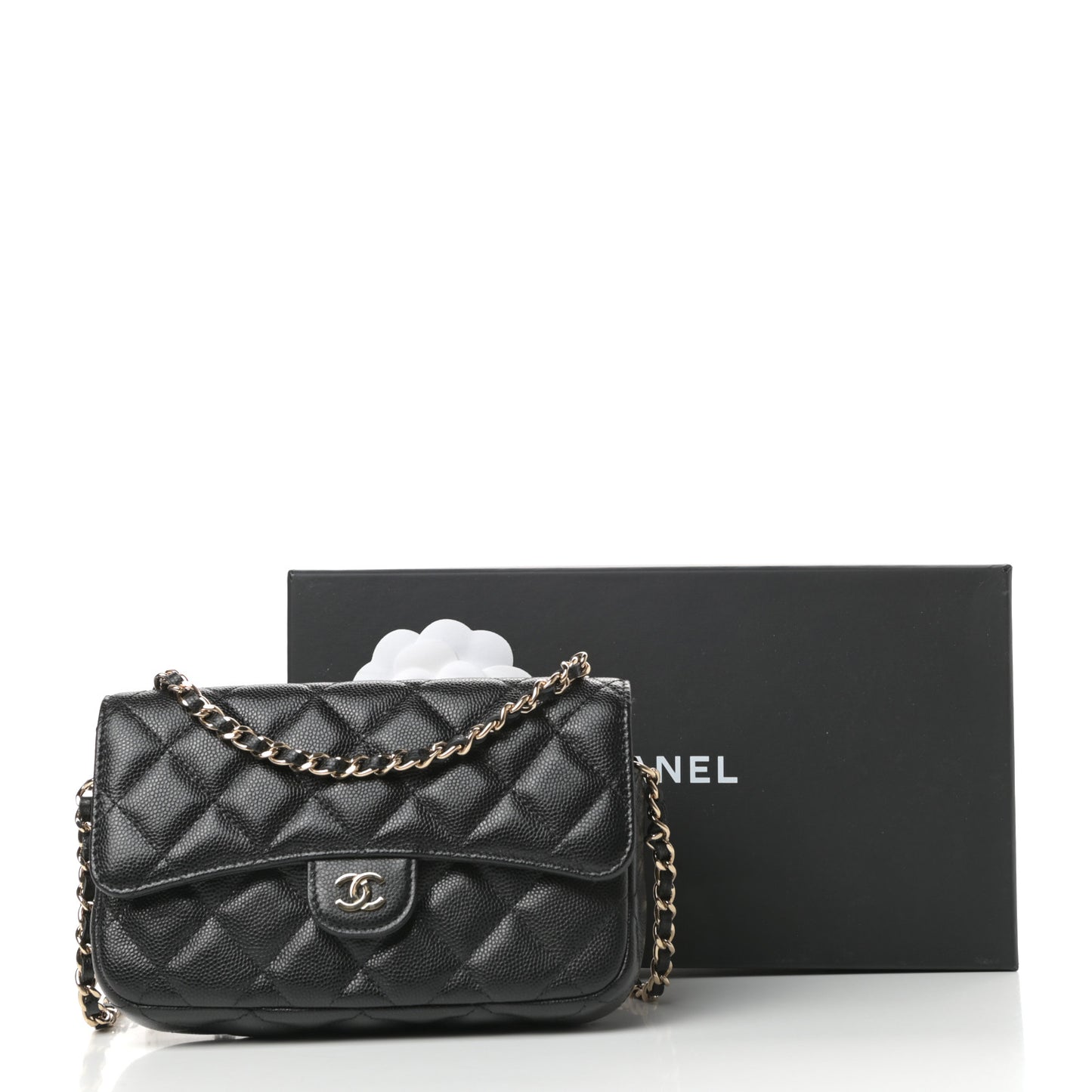 Caviar Quilted Flap Phone Holder With Chain Black