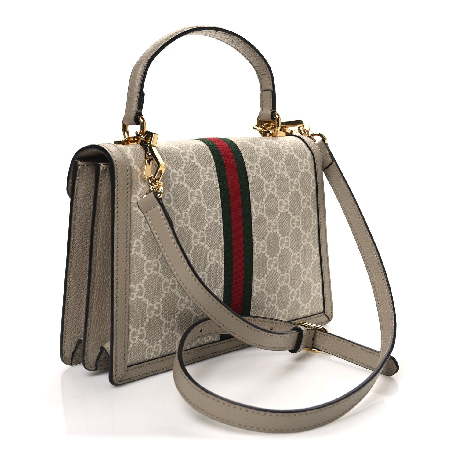 Gucci GG Supreme Monogram Textured Dollar Calfskin Web Small Ophidia Padlock Top Handle Bag Beige Mystic White Oatmeal 3 of 12