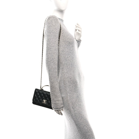 Lambskin Quilted Crystal Handle Wallet On Chain WOC Black