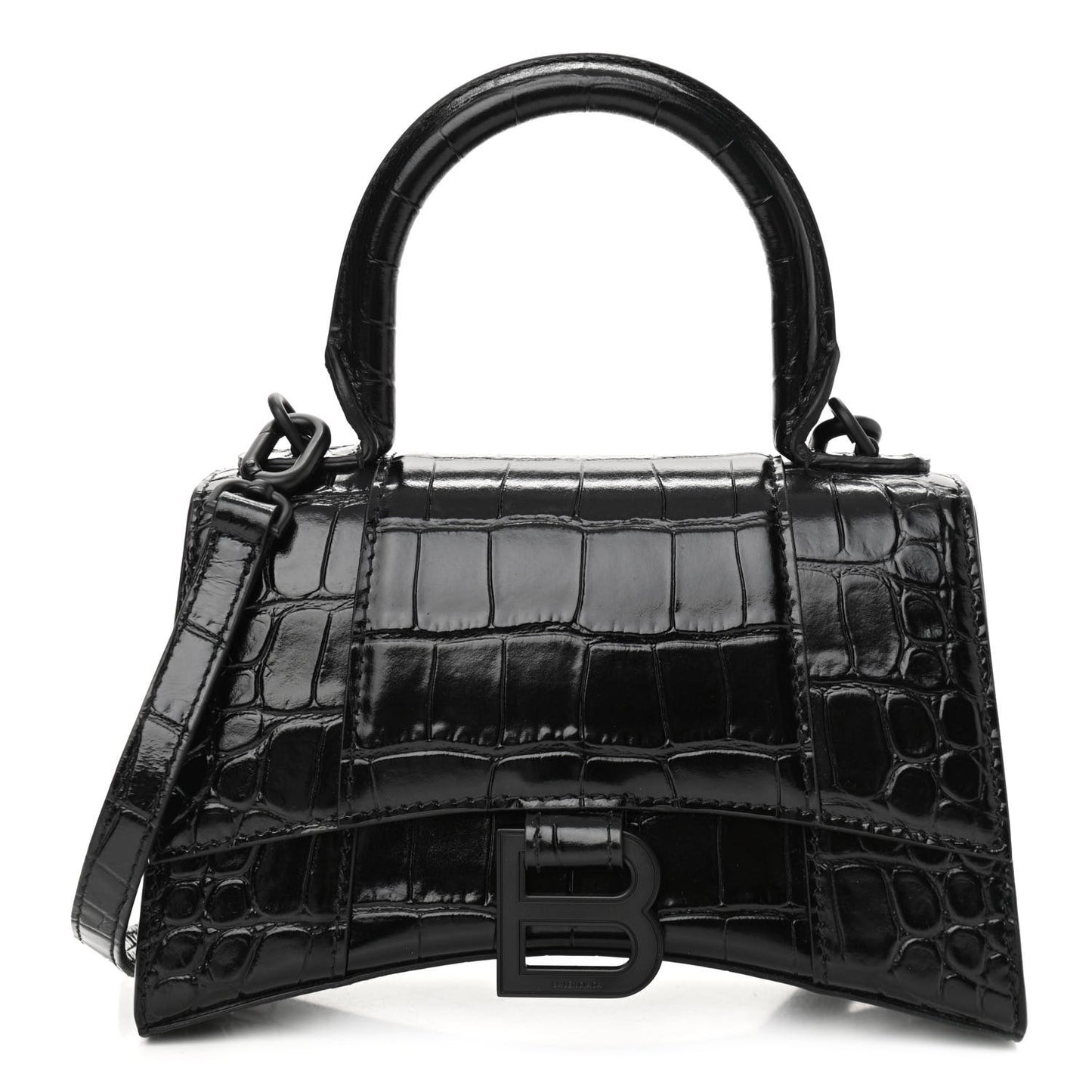 Shiny Calfskin Monochrome Crocodile Embossed Hourglass Top Handle Bag XS Black