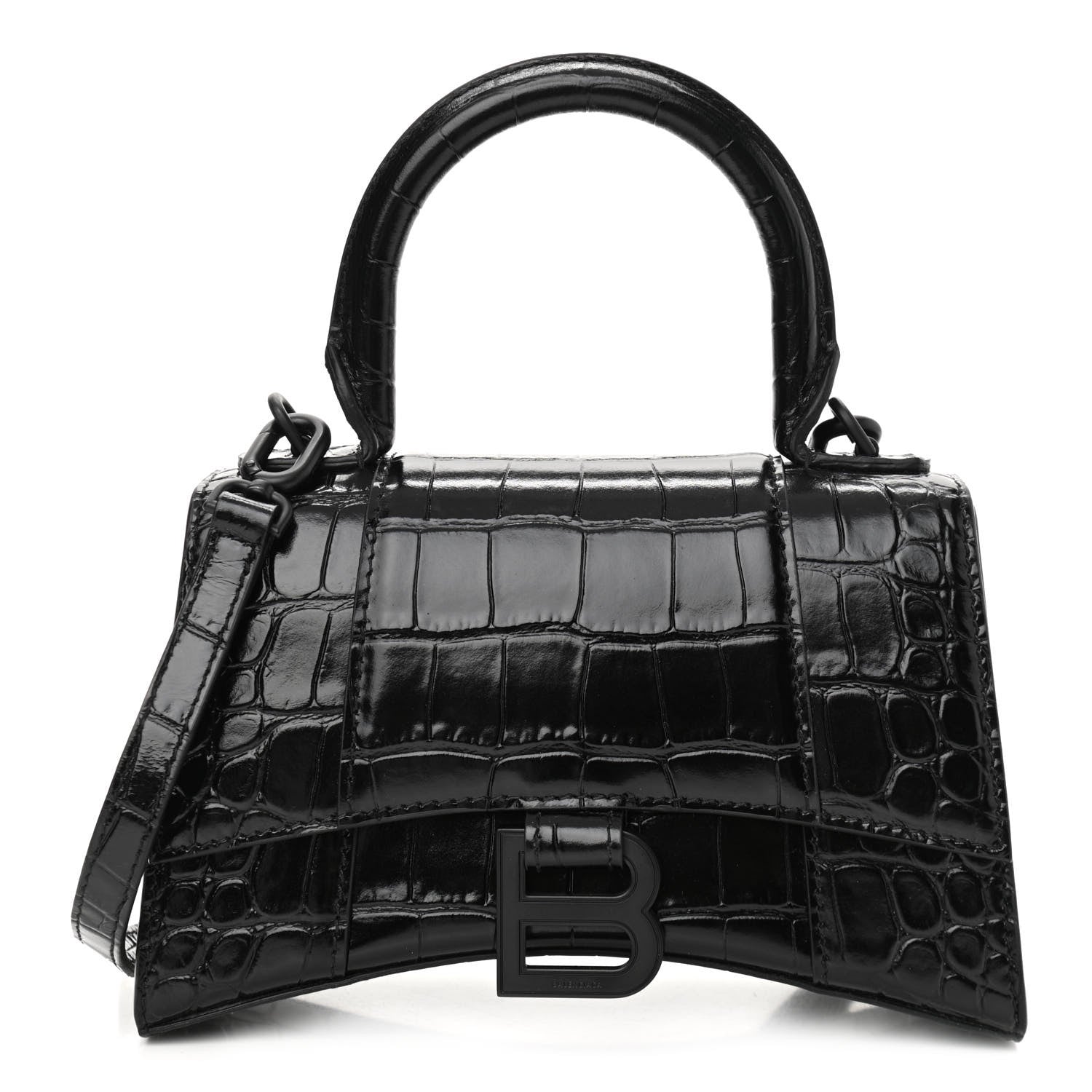 Balenciaga Shiny Calfskin Monochrome Crocodile Embossed Hourglass Top Handle Bag XS Black 1 of 10