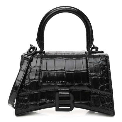 Balenciaga Shiny Calfskin Monochrome Crocodile Embossed Hourglass Top Handle Bag XS Black 1 of 10
