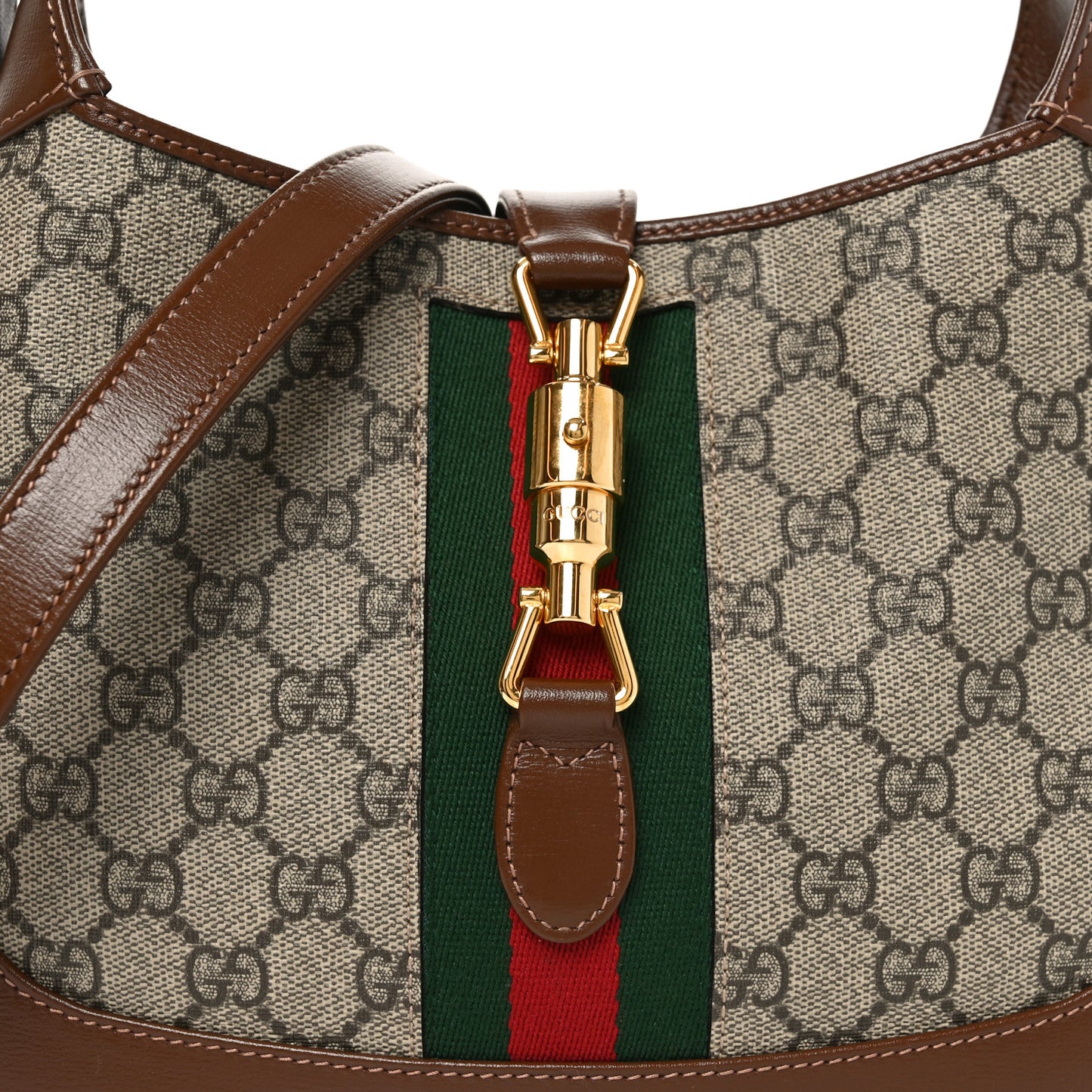 GG Supreme Monogram Azalea Calfskin Web Small Jackie 1961 Hobo Beige Ebony Brown Sugar
