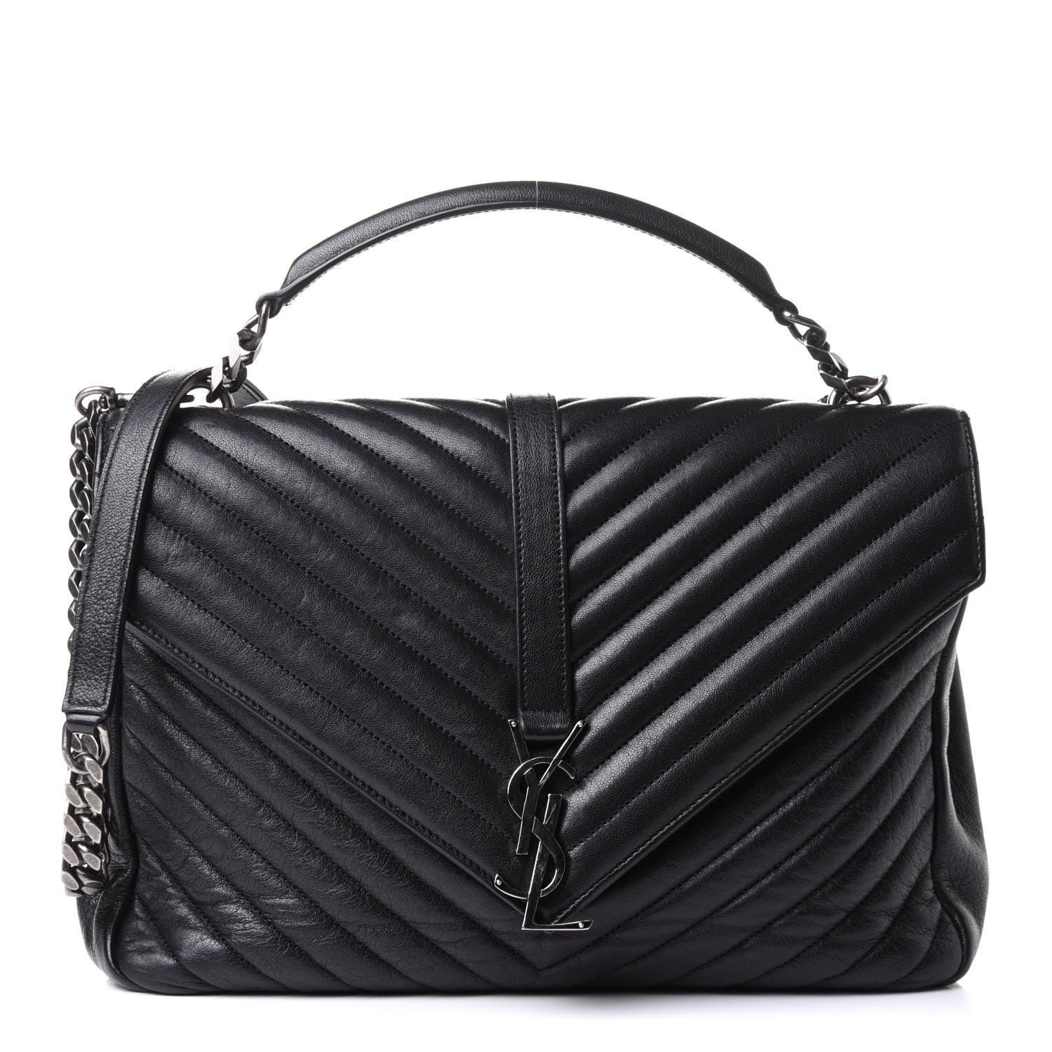 Saint Laurent Sheepskin Matelasse Chevron Monogram Monochrome Large College Satchel Black 1 of 8