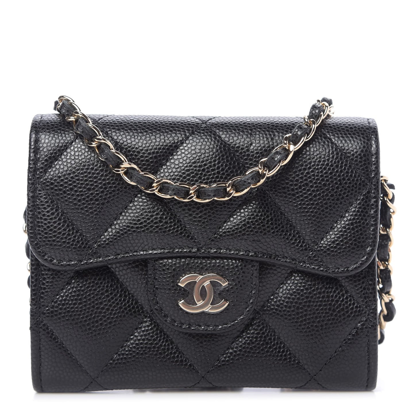 Caviar Quilted Flap Card Holder On Chain Black