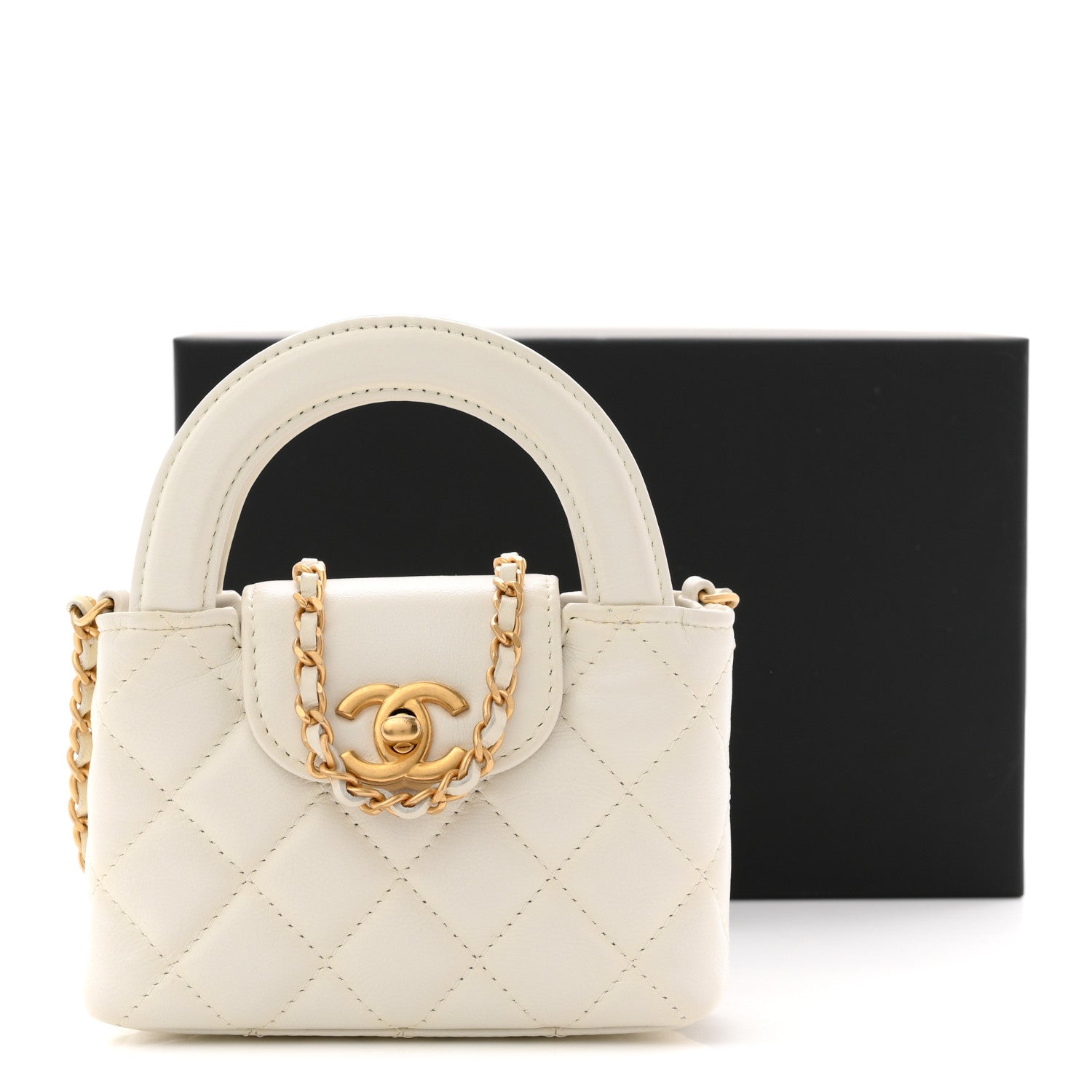 Chanel Shiny Aged Calfskin Quilted Mini Nano Kelly Shopper White