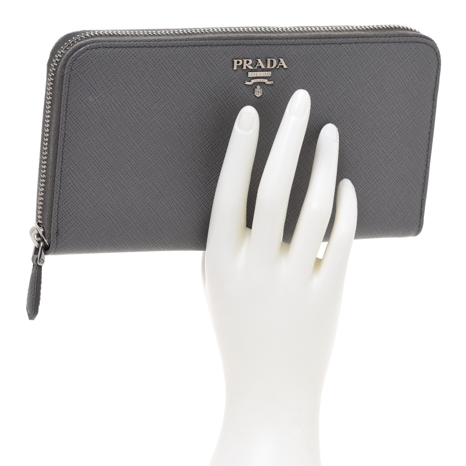 Prada Saffiano Metal Zip Around Wallet Grey 2 of 6