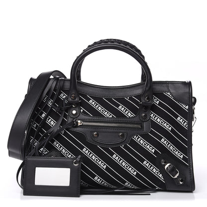 Balenciaga Canvas Satin Calfskin Diagonal Allover Logo Print Classic Silver Hardware S City Black White 1 of 9