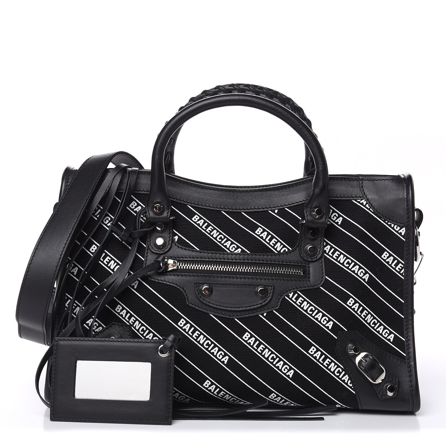 Balenciaga Canvas Satin Calfskin Diagonal Allover Logo Print Classic Silver Hardware S City Black White 1 of 9