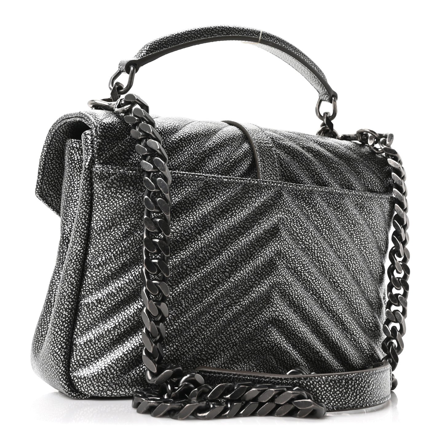 Metallic Grain De Poudre Matelasse Chevron Monogram Medium College Bag Gunmetal