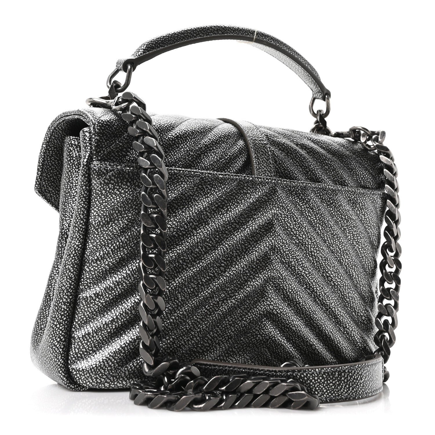 Saint Laurent Metallic Grain De Poudre Matelasse Chevron Monogram Medium College Bag Gunmetal 3 of 10