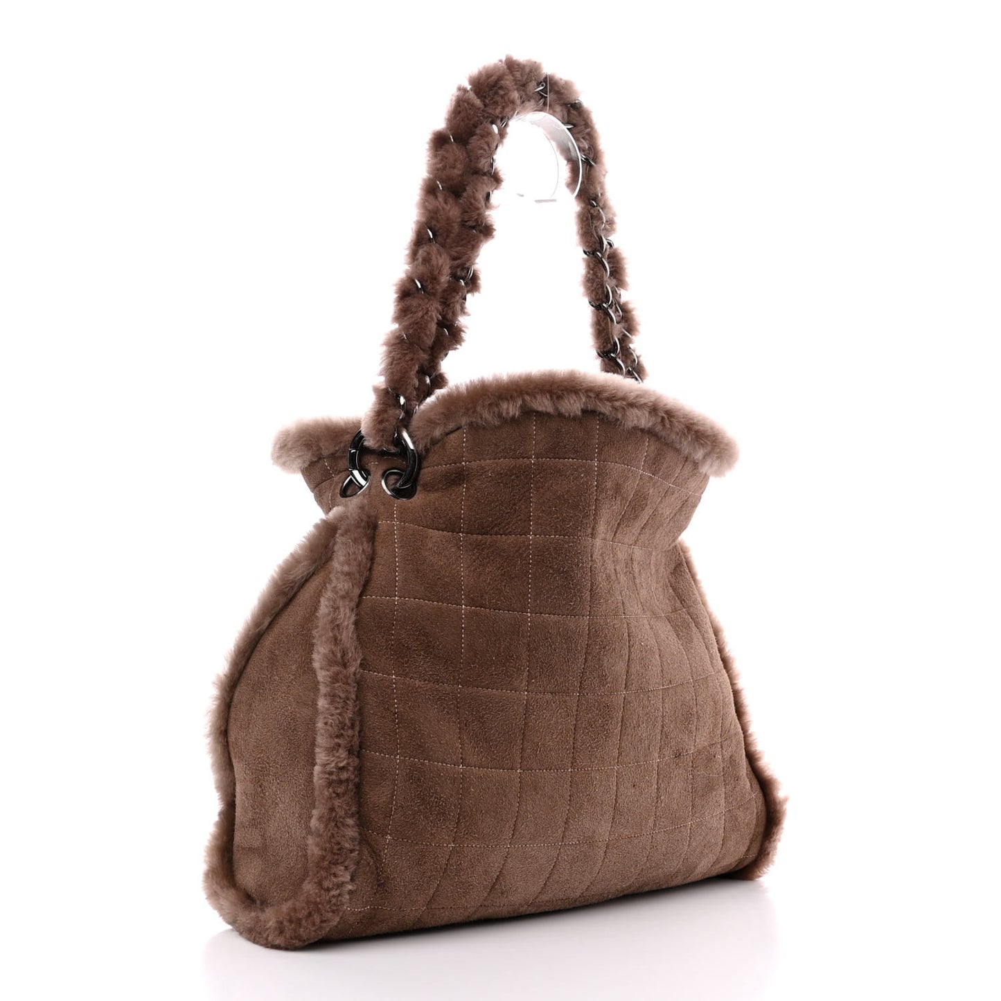 Shearling Suede Stiched CC Tote Dark Brown