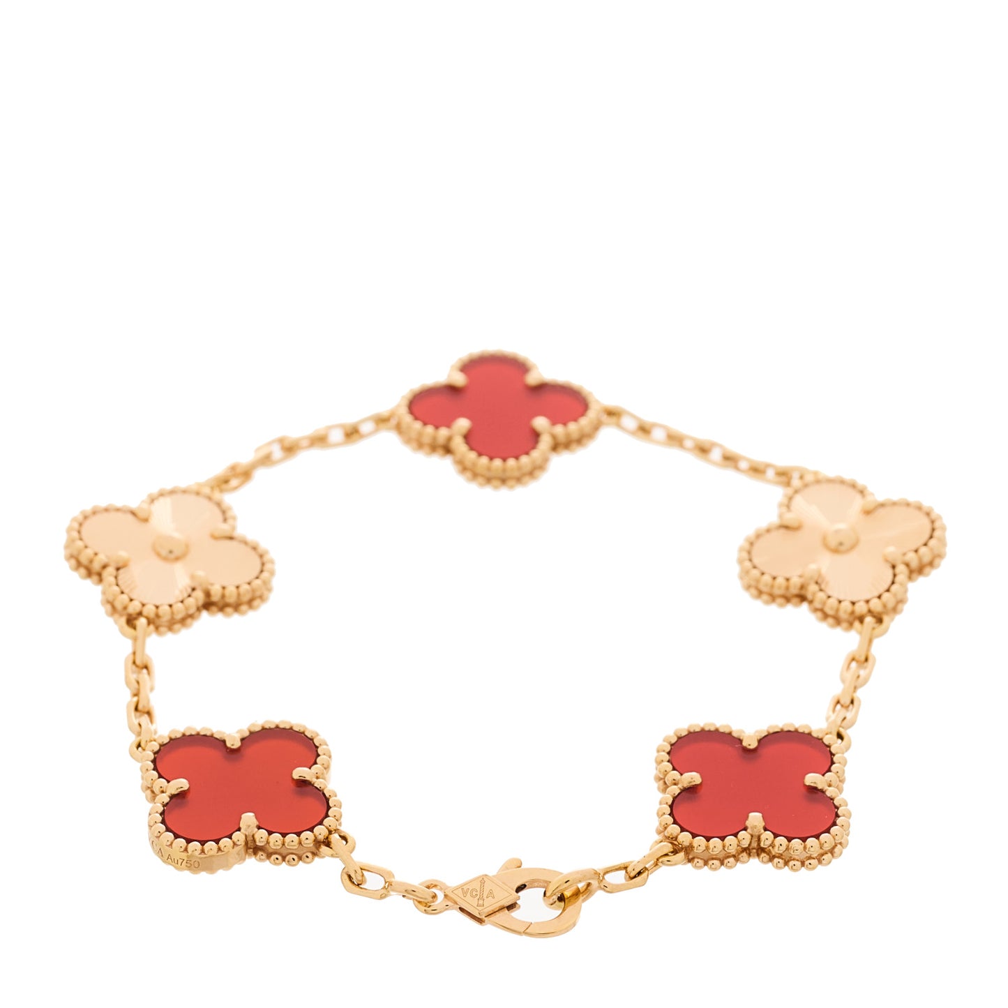 18K Rose Gold Carnelian 5 Motifs Guilloche Vintage Alhambra Bracelet