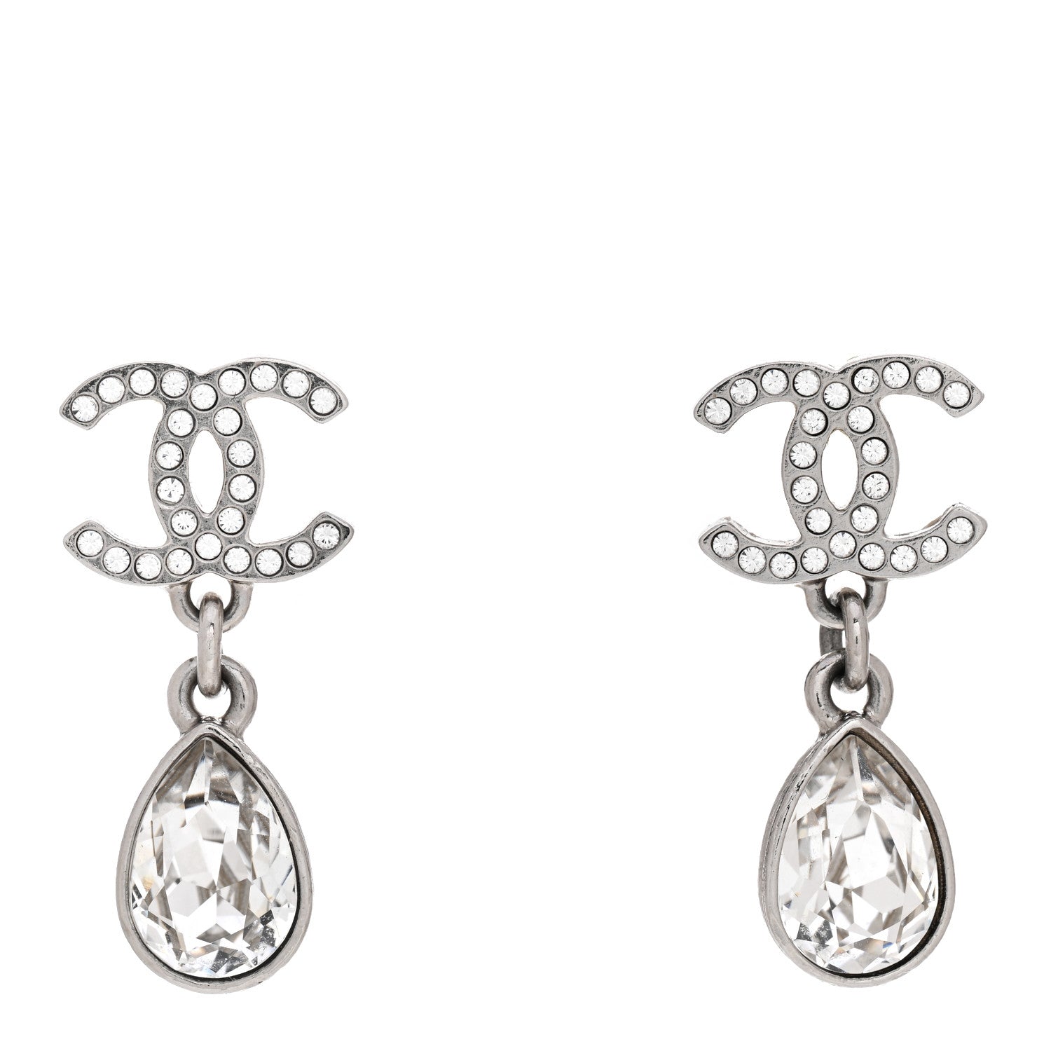 Chanel CC Crystal Teardrop Dangle Earrings Silver 1 of 5