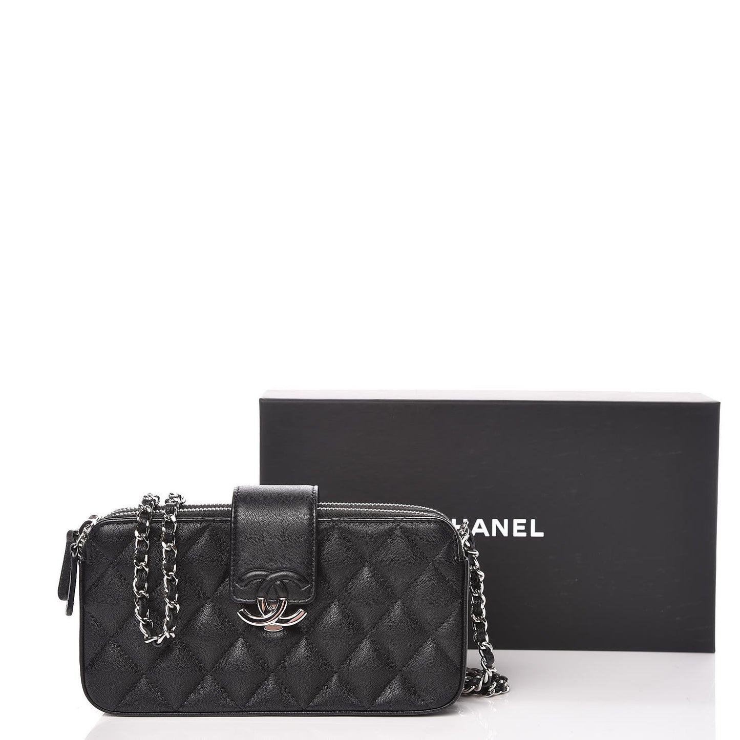 Lambskin Quilted CC Box Clutch With Chain Black