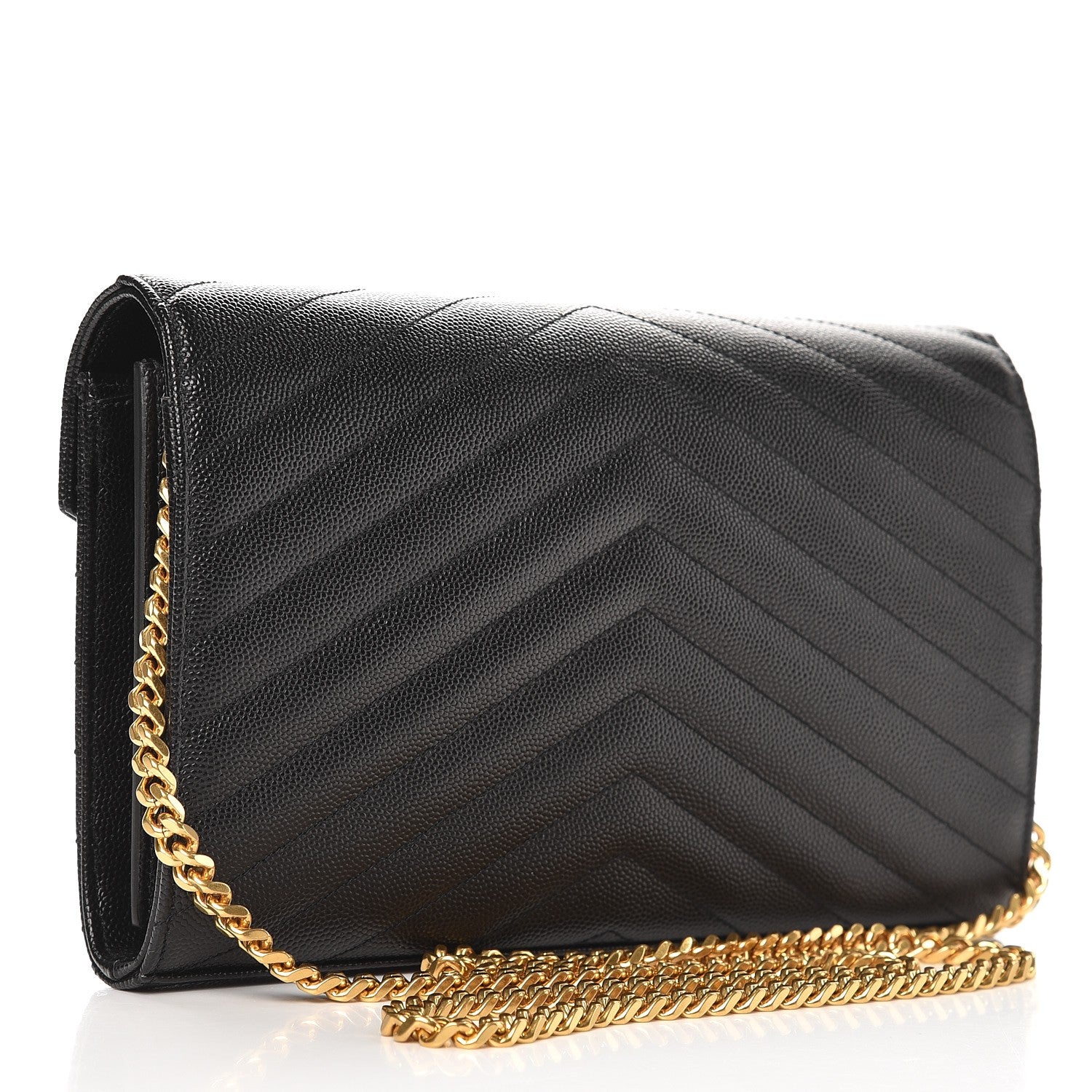 Saint Laurent Grain De Poudre Matelasse Chevron Monogram Chain Wallet Black 3 of 6
