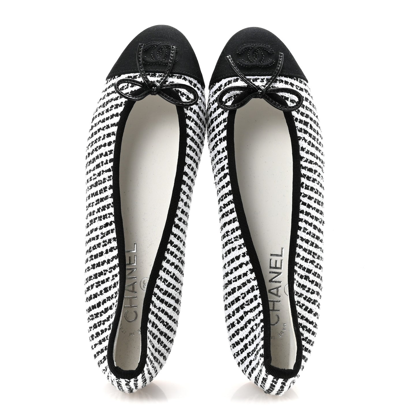 Tweed Sequin Grosgrain Cap Toe Ballerina Flats 39 Black White