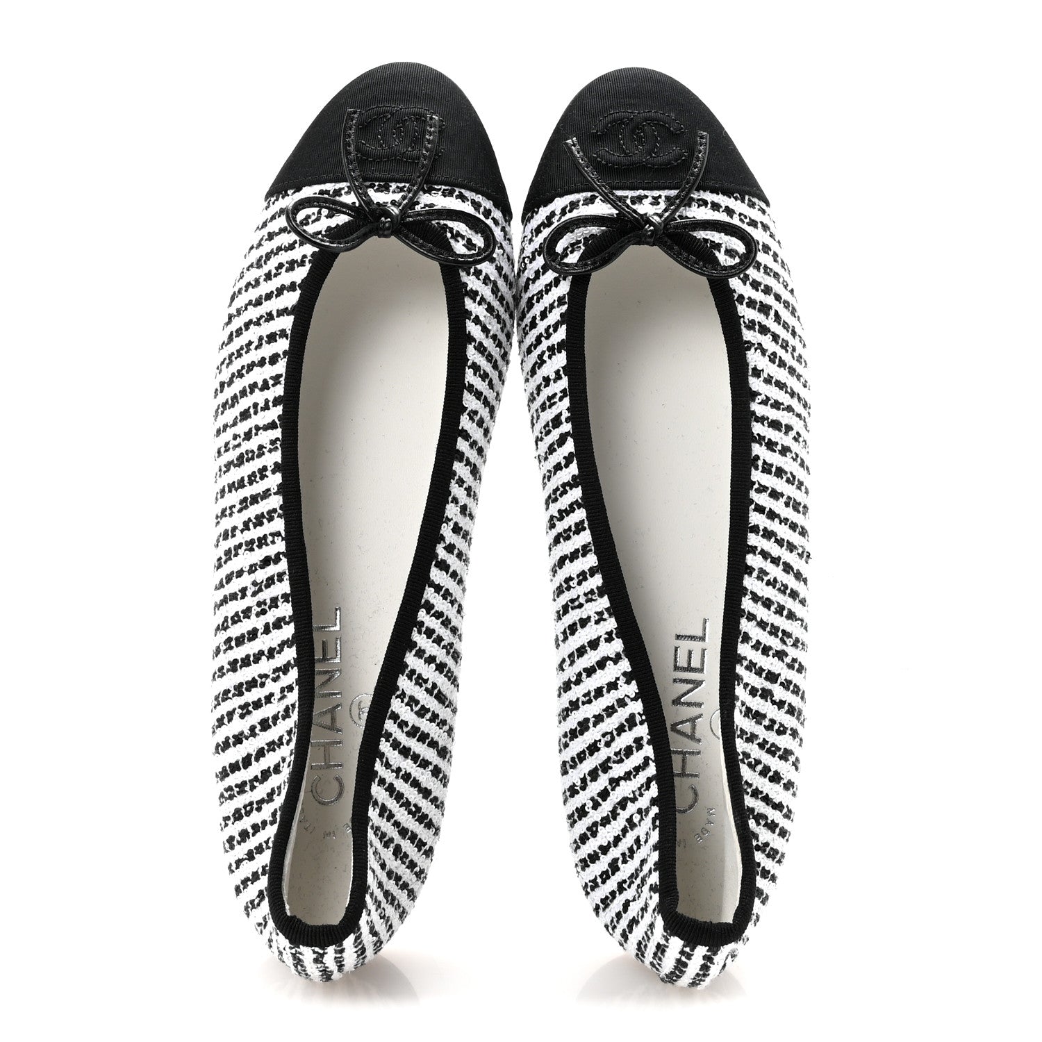Chanel Tweed Sequin Grosgrain Cap Toe Ballerina Flats 39 Black White 2 of 9